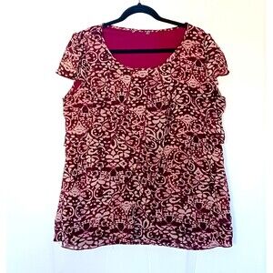 Roz & Ali Women's Plus 1X Burgundy Floral Lined Overlay Scoop Neck Blouse